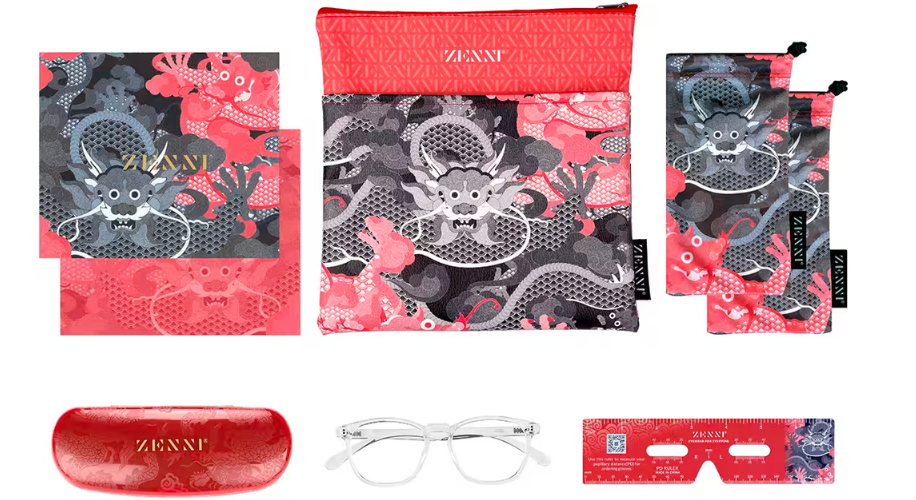 Zenni glasses with case, cleaning cloth, patterned pouch, and pupillary distance ruler.