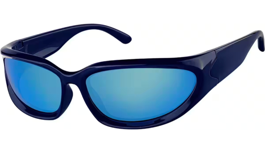 Dark blue wrap-around sunglasses with reflective blue lenses.