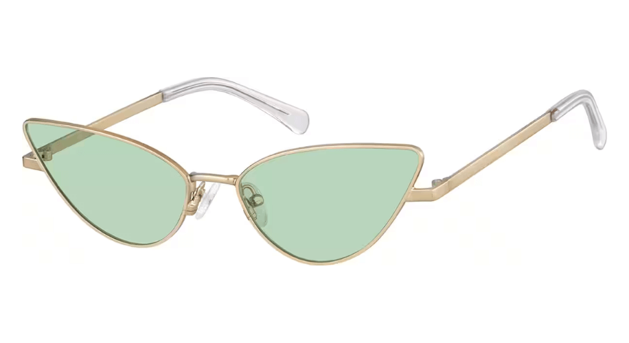 Cat-eye sunglasses with gold frames and light green lenses.