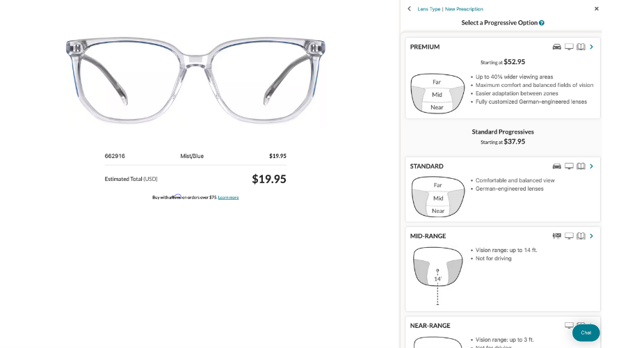 Clear eyeglasses with Mist/Blue frame, price $19.95. Progressive Option details on the right.