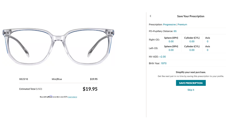 Clear-framed glasses, item #662916, color Mist/Blue for $19.95. Save Your Prescription details, total $19.95.