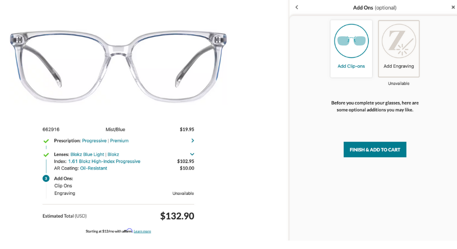 Mist/Blue glasses; Progressive Prescription; Bloz Blue Light Lenses; AR Coating: Oil-Resistant; $132.90.