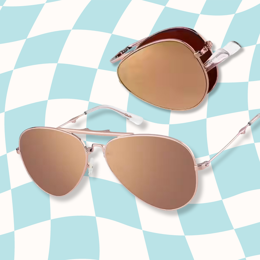 Rose gold sunglasses with mirrored lenses, shown folded and unfolded, on a blue and white checkered background.