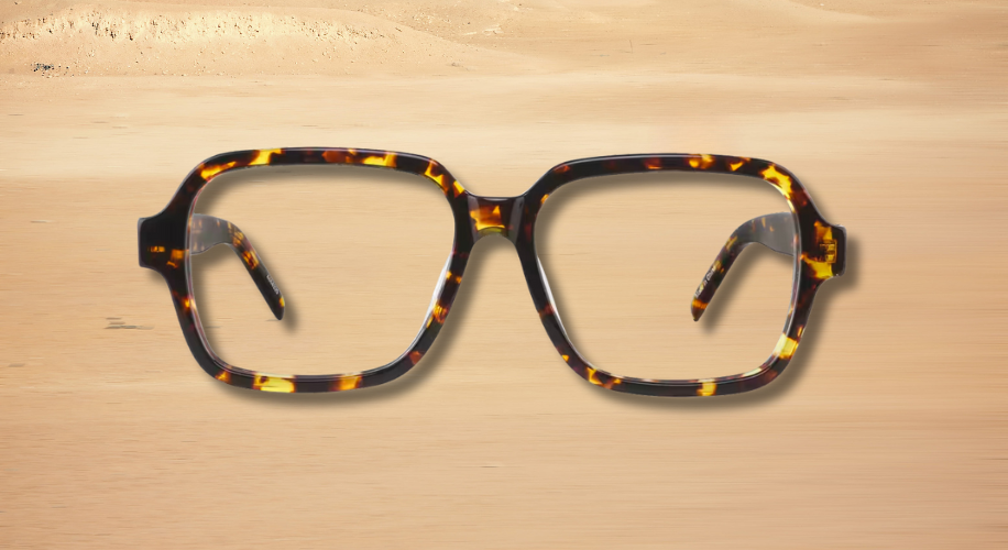 Square tortoiseshell glasses with a yellow and brown pattern.