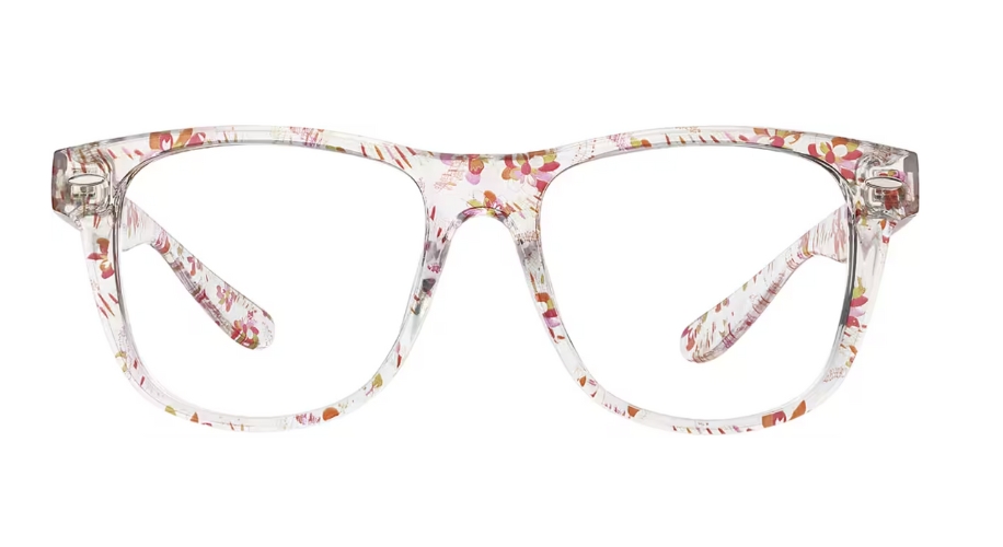 Clear eyeglasses frame with a white and multicolored floral pattern.