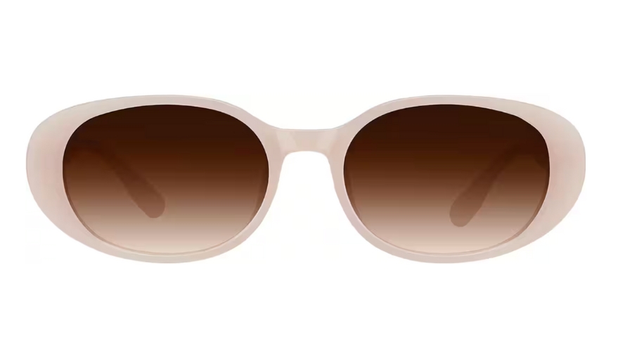 Beige oval sunglasses with dark gradient lenses.