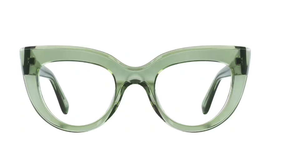 Green cat-eye glasses with thick frames.