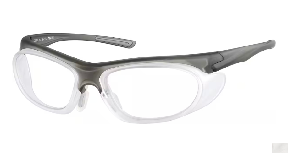 Zenni Z87.2+ 133 79-19 122 two-tone safety glasses with clear and dark grey frames.