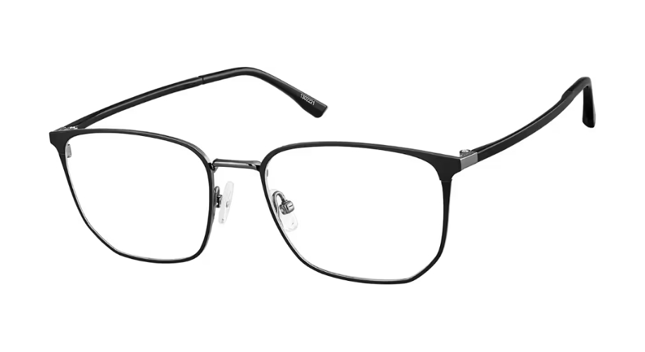 Black rectangular eyeglasses with thin metal frames and adjustable nose pads.