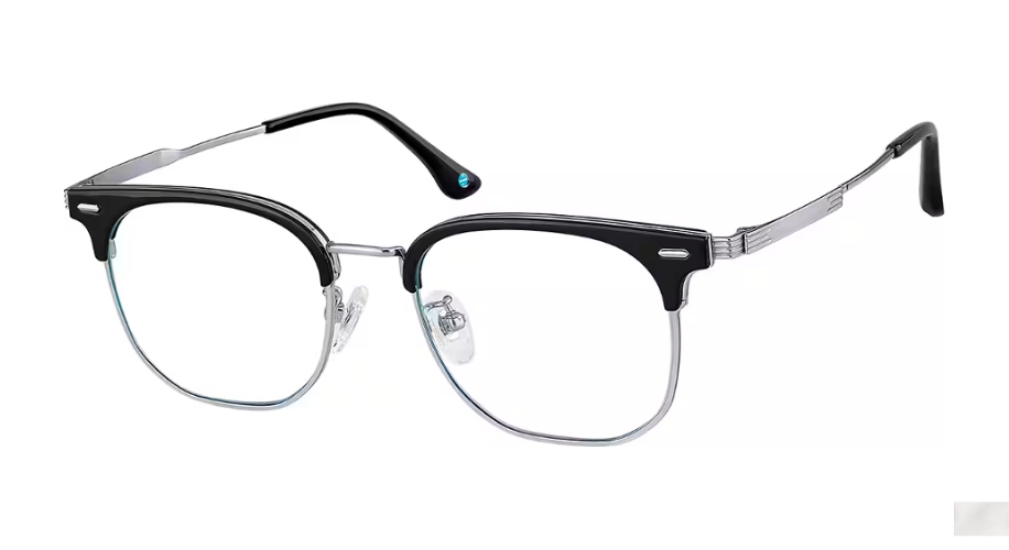 Black and silver square eyeglasses with a sleek design and adjustable nose pads.