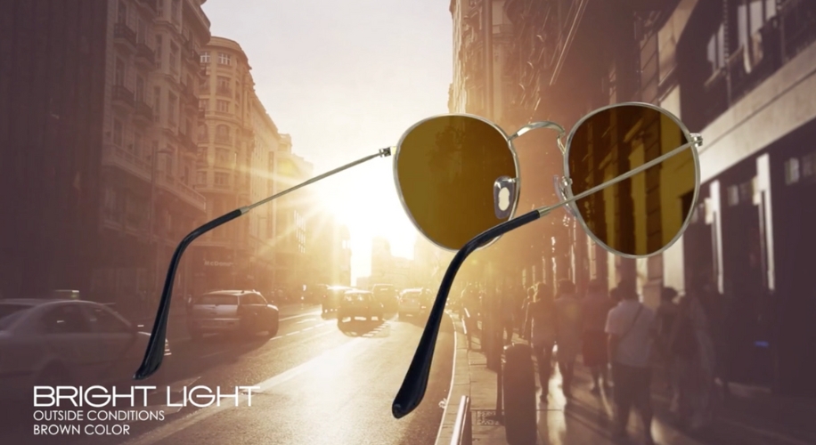 Sunglasses with brown lenses for bright light and outside conditions.