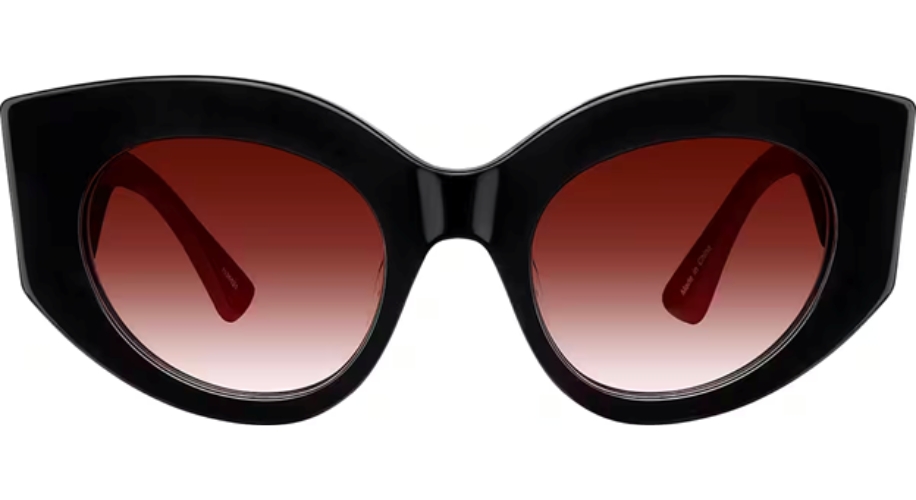 Black cat-eye sunglasses with red gradient lenses.