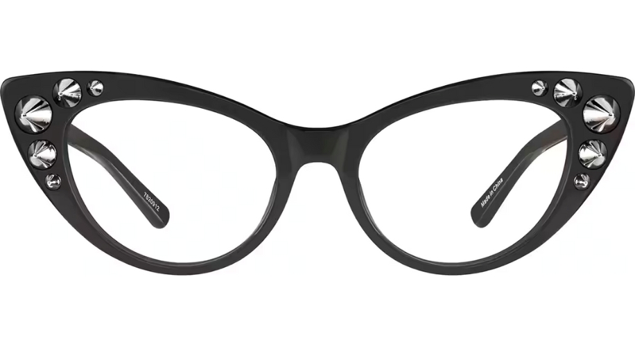 Black cat-eye glasses with decorative silver accents on the corners of the frames.