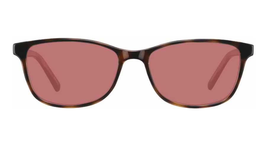 Tortoise patterned frame sunglasses with pink lenses.