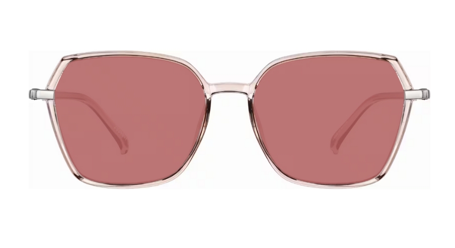 Rectangular sunglasses with rose-tinted lenses and thin, transparent frames.