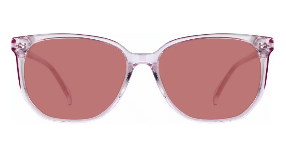 Purple sunglasses with pink-tinted lenses and a transparent frame.