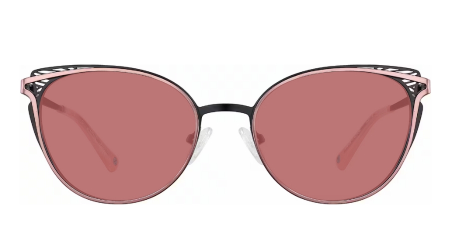 Cat-eye sunglasses with black frame and pink lenses.