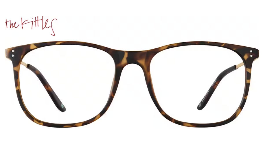 The Kittles tortoiseshell eyeglass frames with a rectangular shape and slight cat-eye corners.