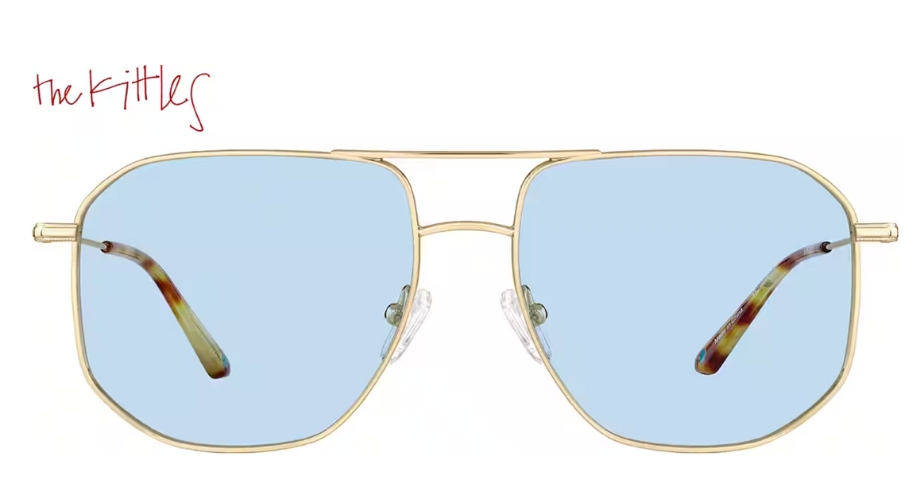 The Kittles sunglasses with gold frame and light blue lenses.
