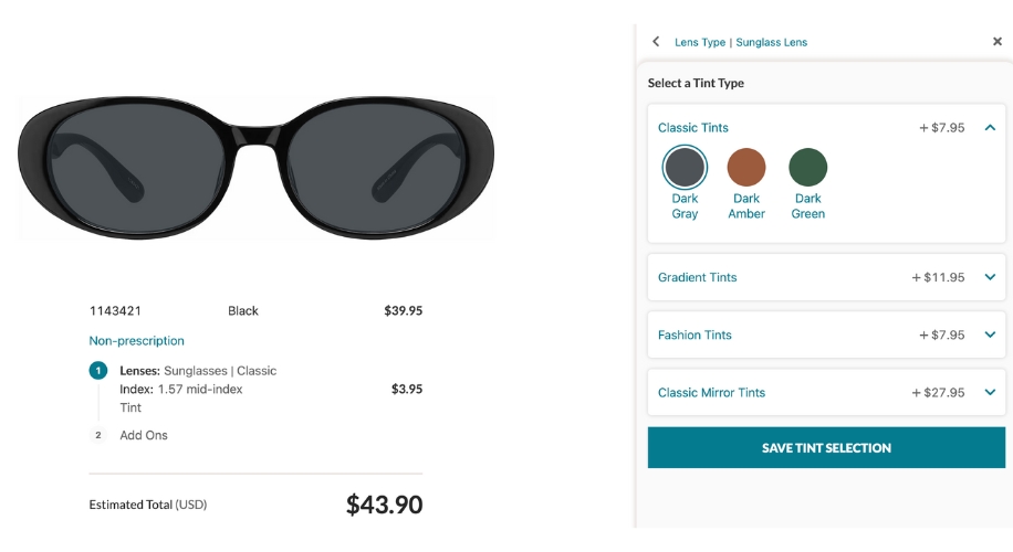 Black sunglasses priced at $39.95, with 1.57 mid-index lens at $3.95. Estimated total: $43.90. Select tint type options: Classic Tints (Dark Gray, Dark Amber, Dark Green) + $7.95, Gradient Tints + $