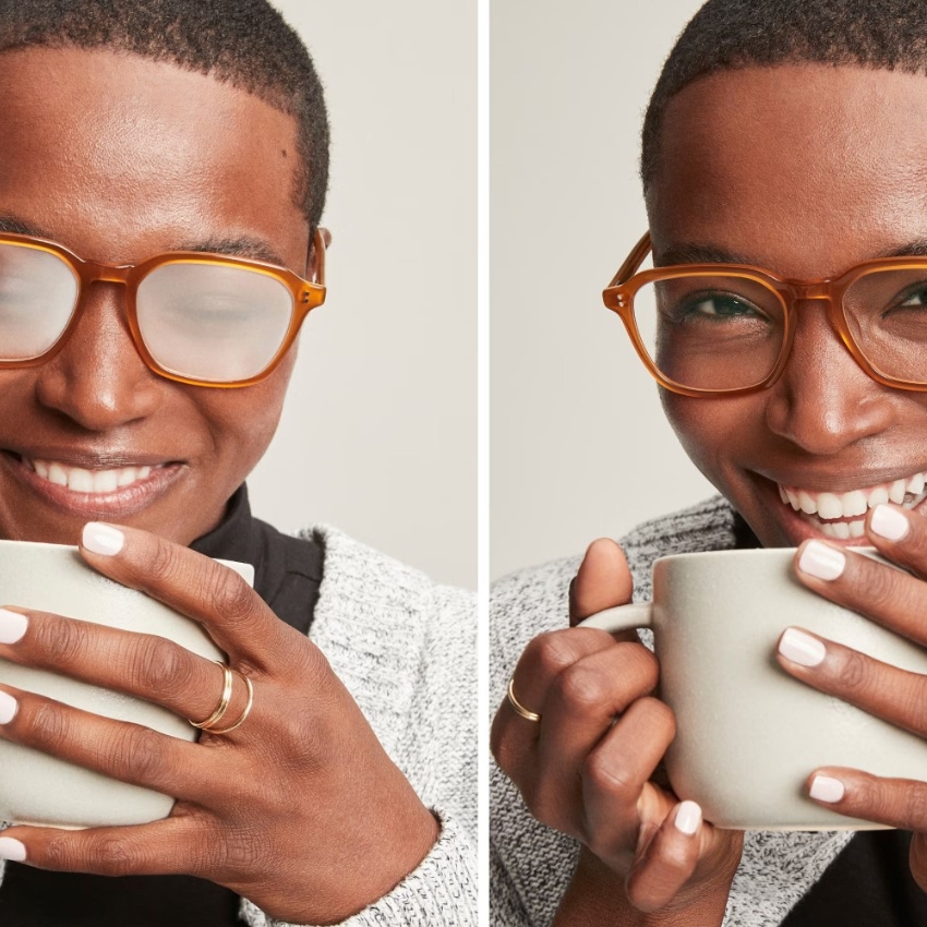 Woman wearing foggy glasses holding a mug (left); same woman with clear glasses smiling, holding a mug (right).