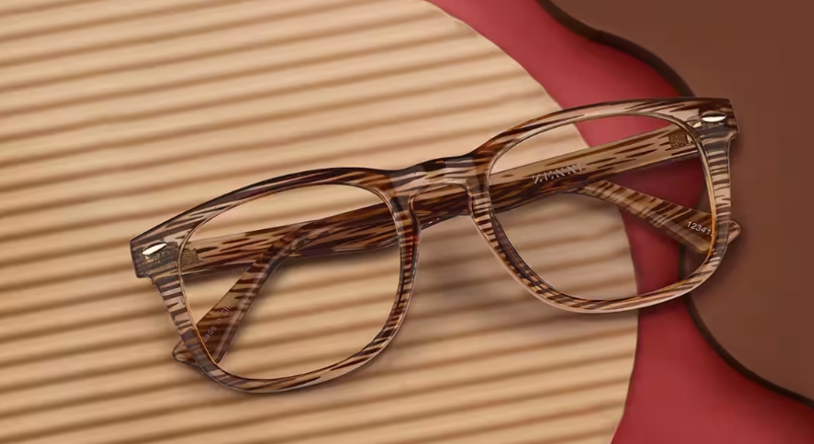 Brown striped eyeglasses with a square frame and the number &quot;12341&quot; on the inside of the right temple.