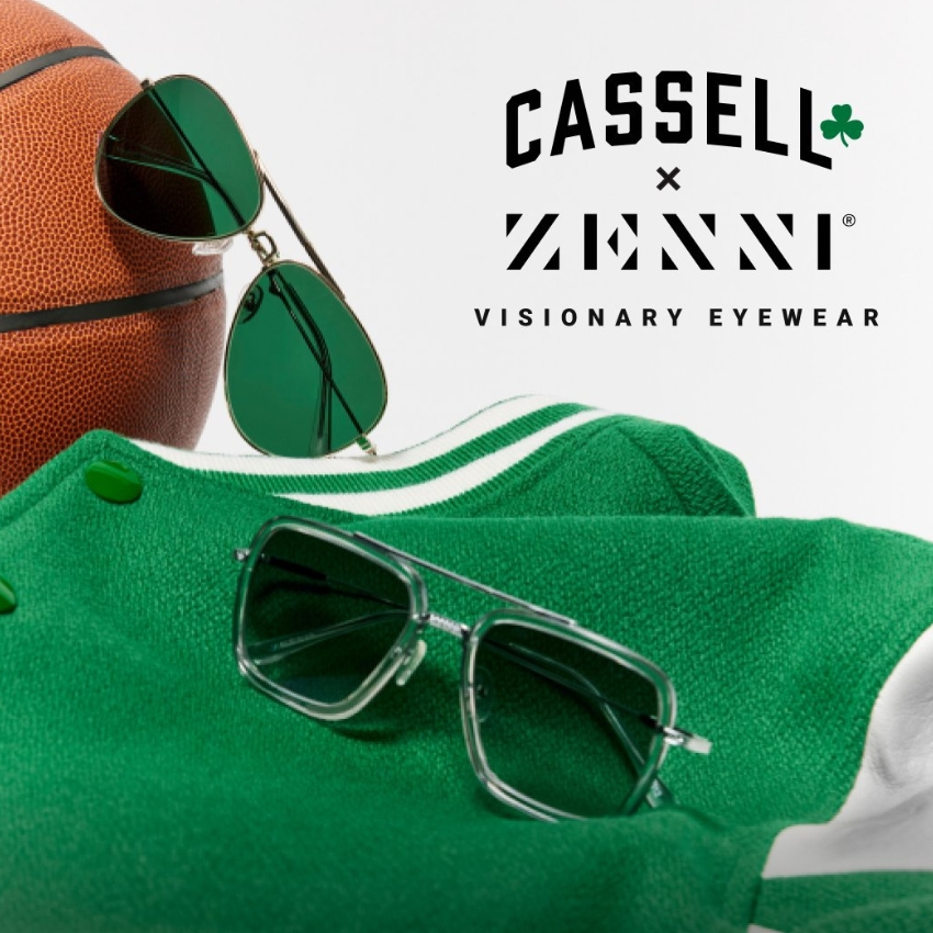 Cassell x Zenni Visionary Eyewear. Two pairs of green sunglasses, a green jacket, and a basketball.