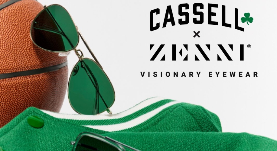 CASSELL x ZENNI Visionary Eyewear, featuring green-lens aviator sunglasses, basketball, and green jacket.