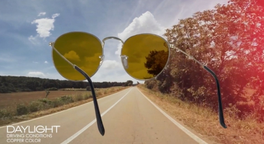 Daylight driving conditions simulated with glasses having copper-colored lenses.