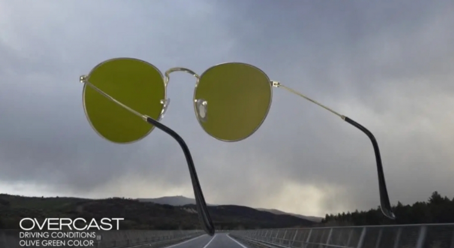 Sunglasses with olive green lenses. Overcast driving conditions. Olive green color.