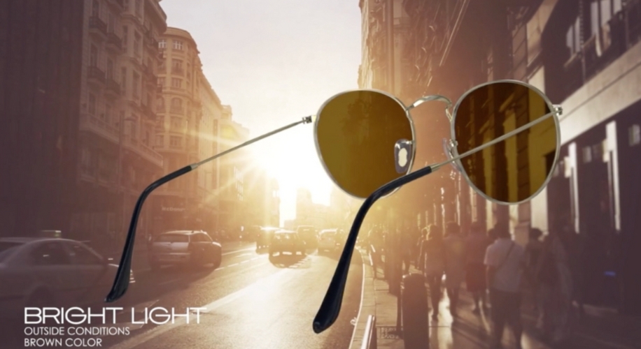 Sunglasses with text: BRIGHT LIGHT, OUTSIDE CONDITIONS, BROWN COLOR