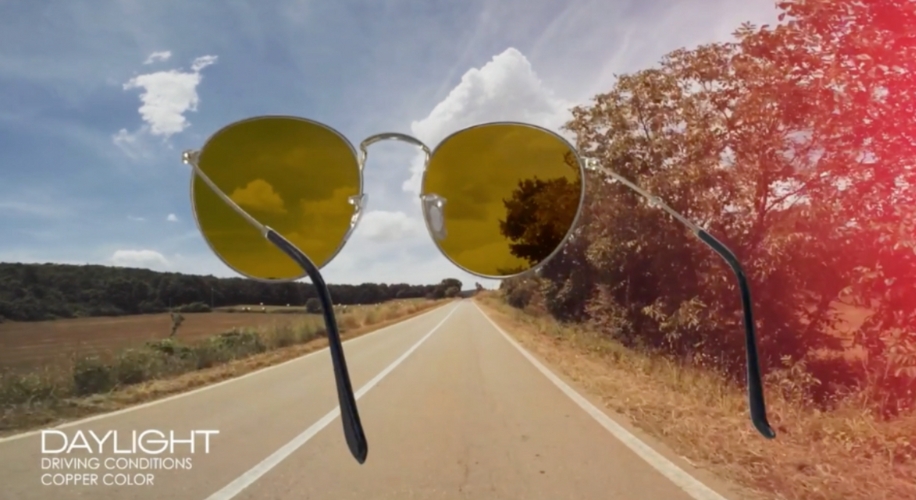 Sunglasses with copper-colored lenses, caption: &quot;DAYLIGHT DRIVING CONDITIONS COPPER COLOR.&quot;