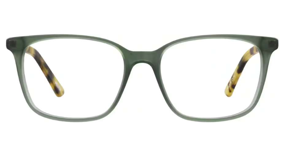 Green rectangular eyeglass frames with patterned yellow and brown temple arms.