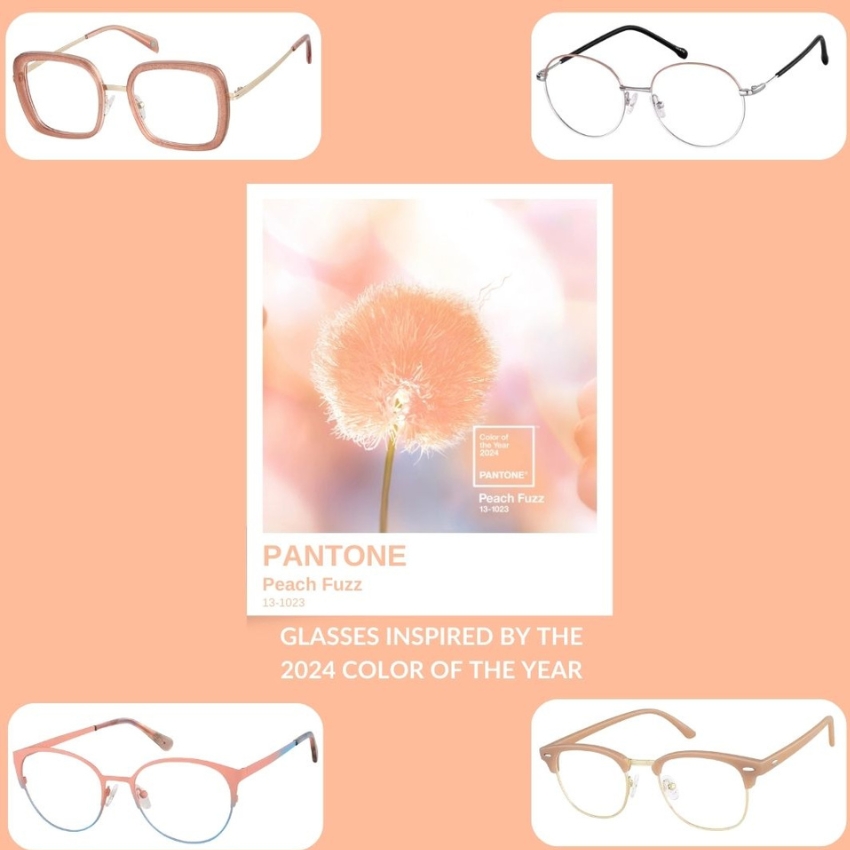 PANTONE Peach Fuzz 13-1023. GLASSES INSPIRED BY THE 2024 COLOR OF THE YEAR. Various eyeglass designs.