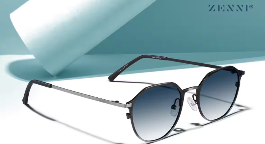 Zenni sunglasses with round gradient lenses and black metal frames. Text reads, &quot;Zenni&quot; and &quot;Made in China.&quot;
