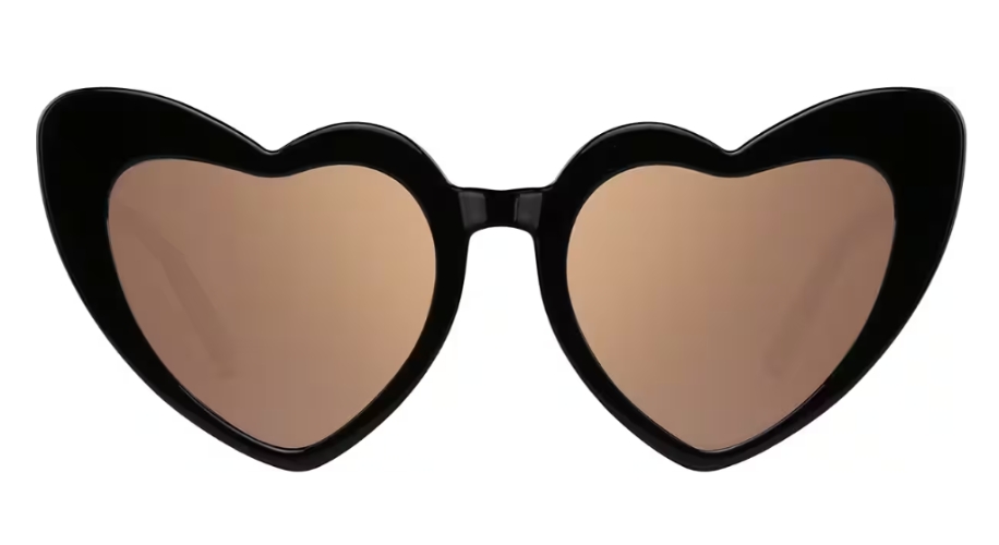 Heart-shaped sunglasses with black frames and brown-tinted lenses.