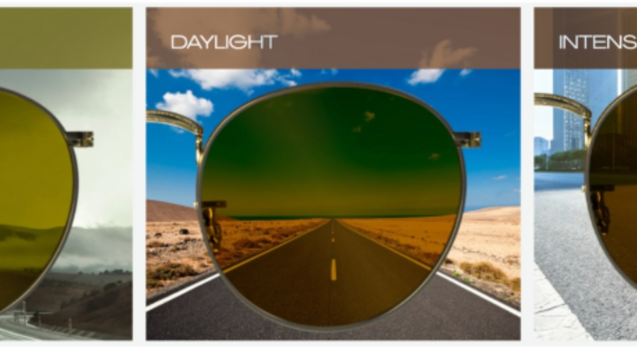 Sunglasses with three lens views: neutral on left, daylight in center, intense on right.