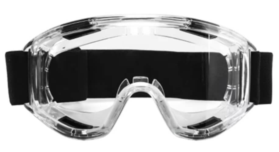 Clear safety goggles with black adjustable strap.