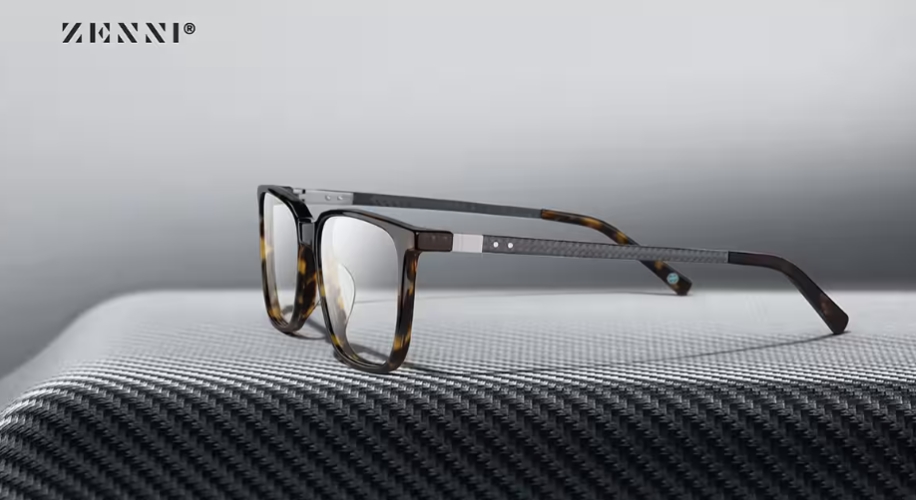 Zenni tortoiseshell rectangular eyeglasses with carbon fiber temples.