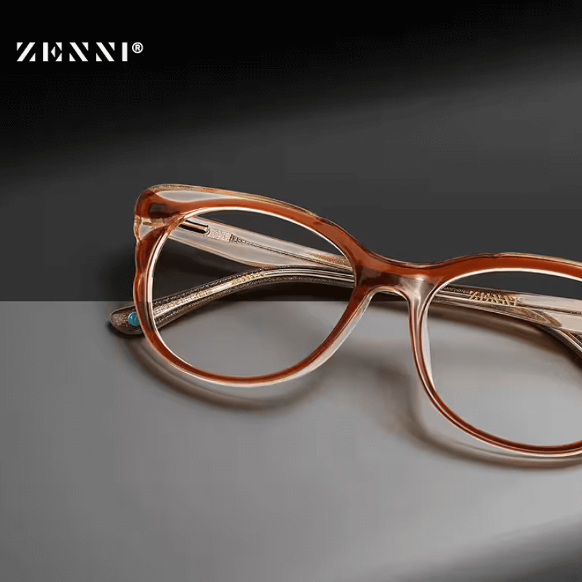 Zenni tortoiseshell eyeglasses with thick frame and clear lenses. Zenni logo in the top left corner.