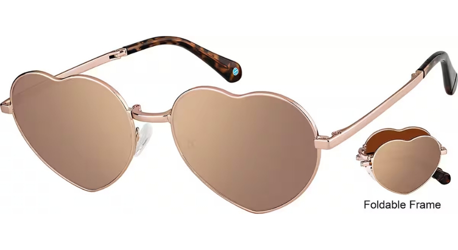 Heart-shaped sunglasses with foldable rose gold frames and tortoiseshell-patterned temples. Text: &quot;Foldable Frame.&quot;