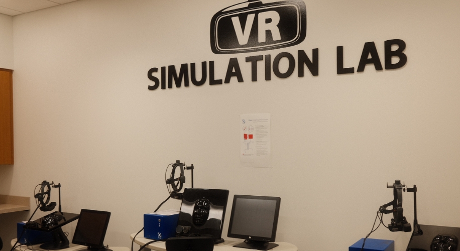 VR Simulation Lab with several VR headsets and monitors set up on tables.
