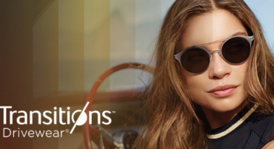 Transitions Drivewear® sunglasses displayed on a person, exhibiting different lens tint levels.