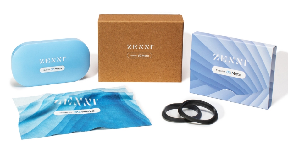 ZENNI Made for Meta products including a blue case, brown box, cleaning cloth, black straps, and blue box.