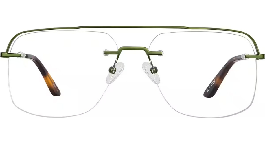 Rectangular green metal-framed eyeglasses with clear lenses and tortoiseshell temple tips.
