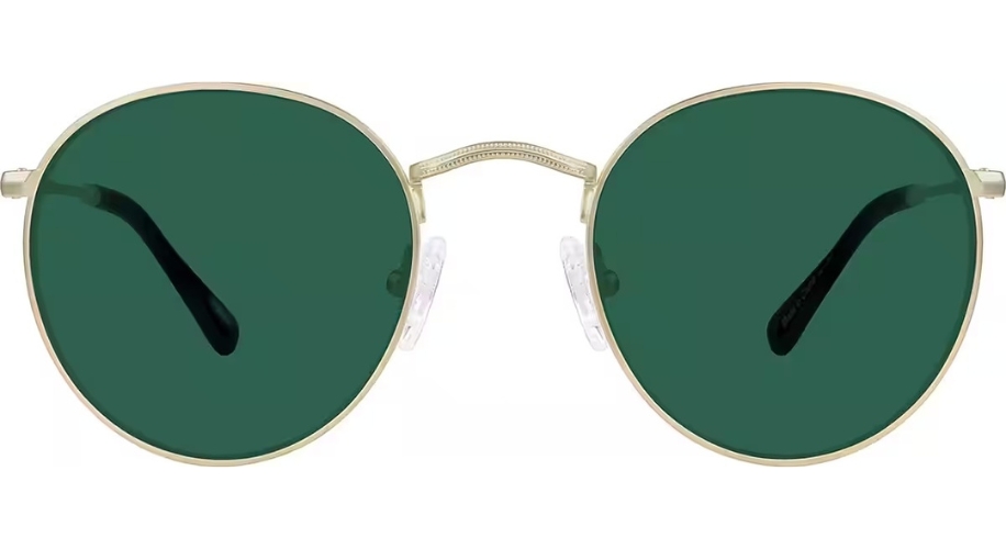 Gold round sunglasses with dark green lenses and adjustable nose pads.