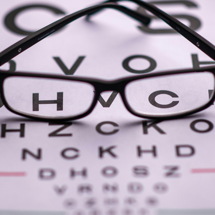 Black eyeglasses on an eye chart with letters in focus through the lenses: H, V, C.