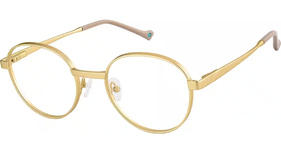 Gold round eyeglasses with clear nose pads and beige temple tips.
