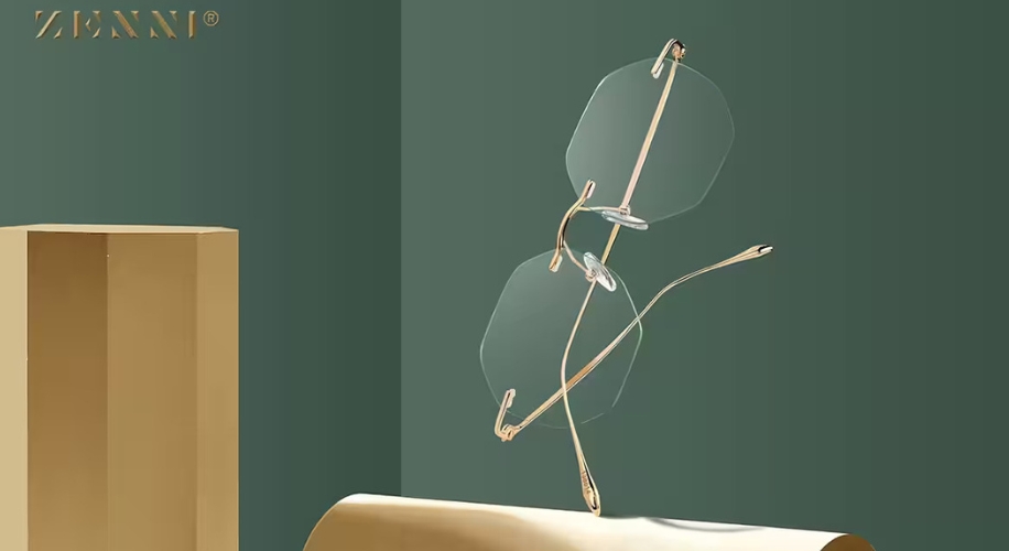 Zenni gold-rimmed eyeglasses with octagonal lenses floating against a green backdrop.