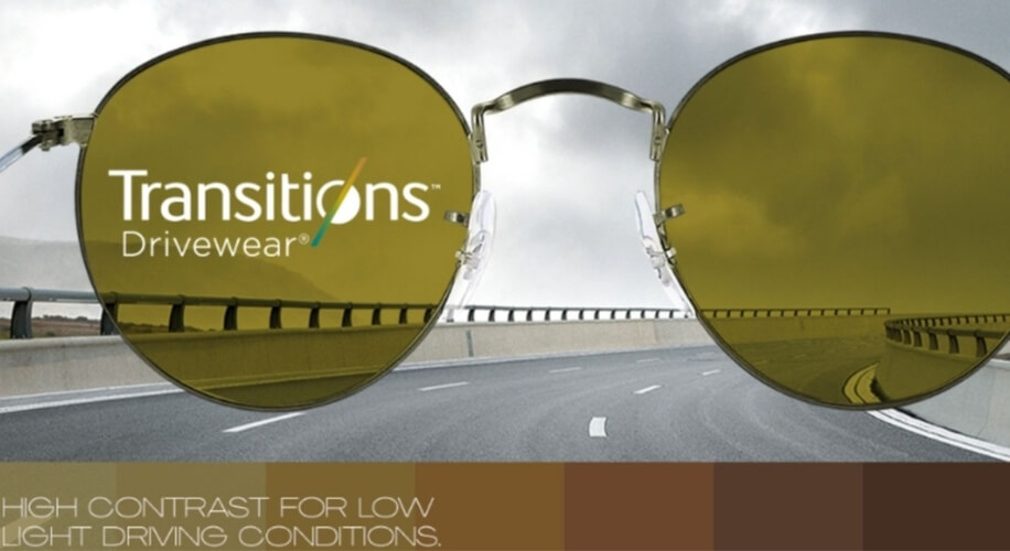 Transitions Drivewear eyeglasses lens showing high contrast for low light driving conditions.